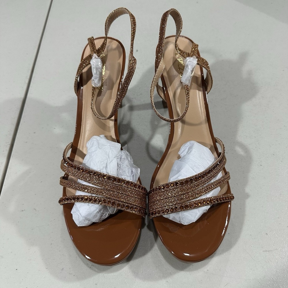 Pizz ANNU Gold Brown Rhinestone Dress Sandals Women Sz 9.5 Elegant Formal